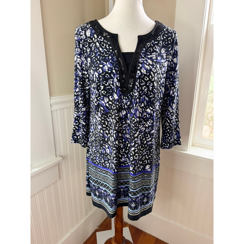 David Emanuel Animal Print Sequin V-Neck Shift Dress Blue Black Size 12 US